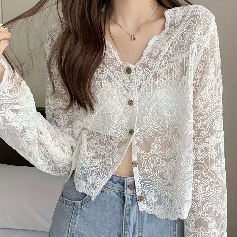 Unbranded Bohemian Ethnic Embroidered Crochet Long Sleeve White Cardigan S/M NEW